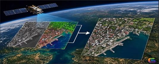 Satellite capture resolving into multispectral and true-colour imagery over a coastal town